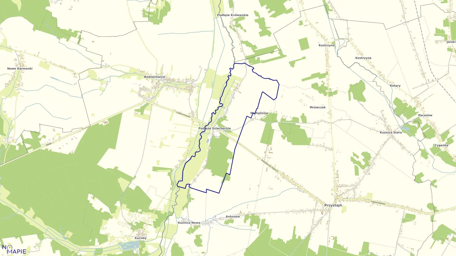 Mapa obrębu Podłęże Szlacheckie w gminie Przystajń